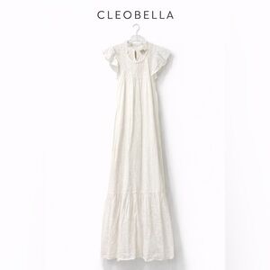 Cleobella Organic Cotton White Maxi Dress Removable Belt Flutter Sleeve